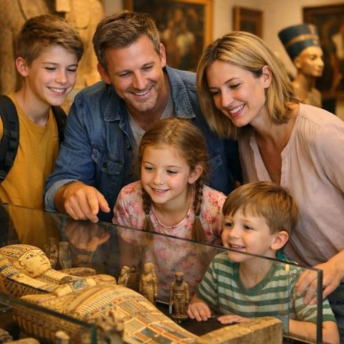 5-köpfige Familie schaut sich Vitrine in Museum an