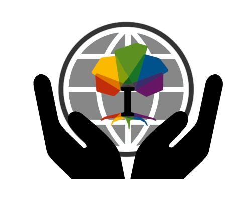 Logo auf Weltkugel von zwei Händen umgeben