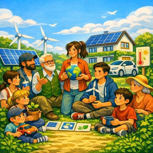 Gruppe mit verschiedenen Gegenständen, die man mit Klimaschutz verbindet