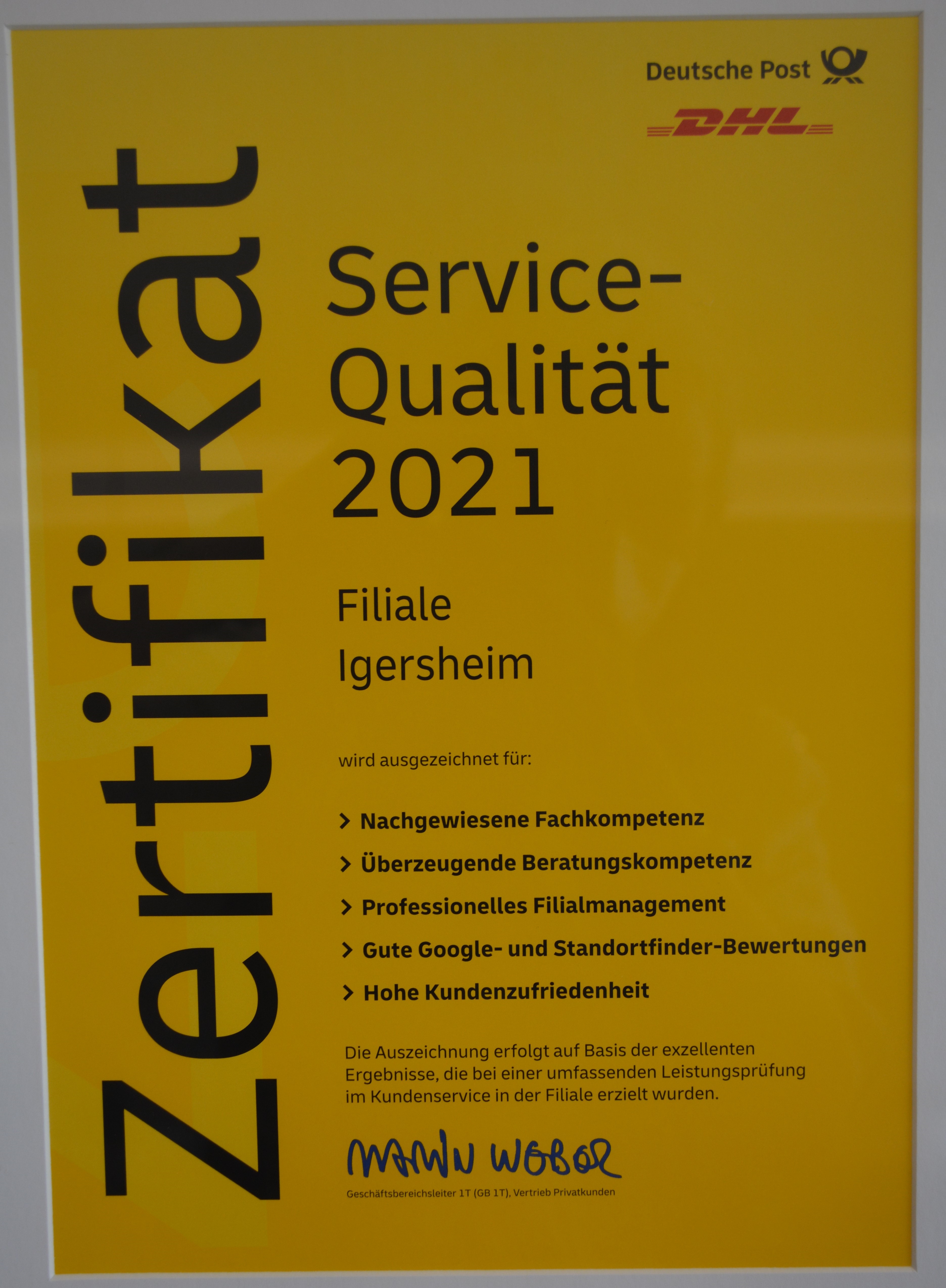 Zertifikat der Deutsche Post / DHL für für besondere Service-Qualität 2021