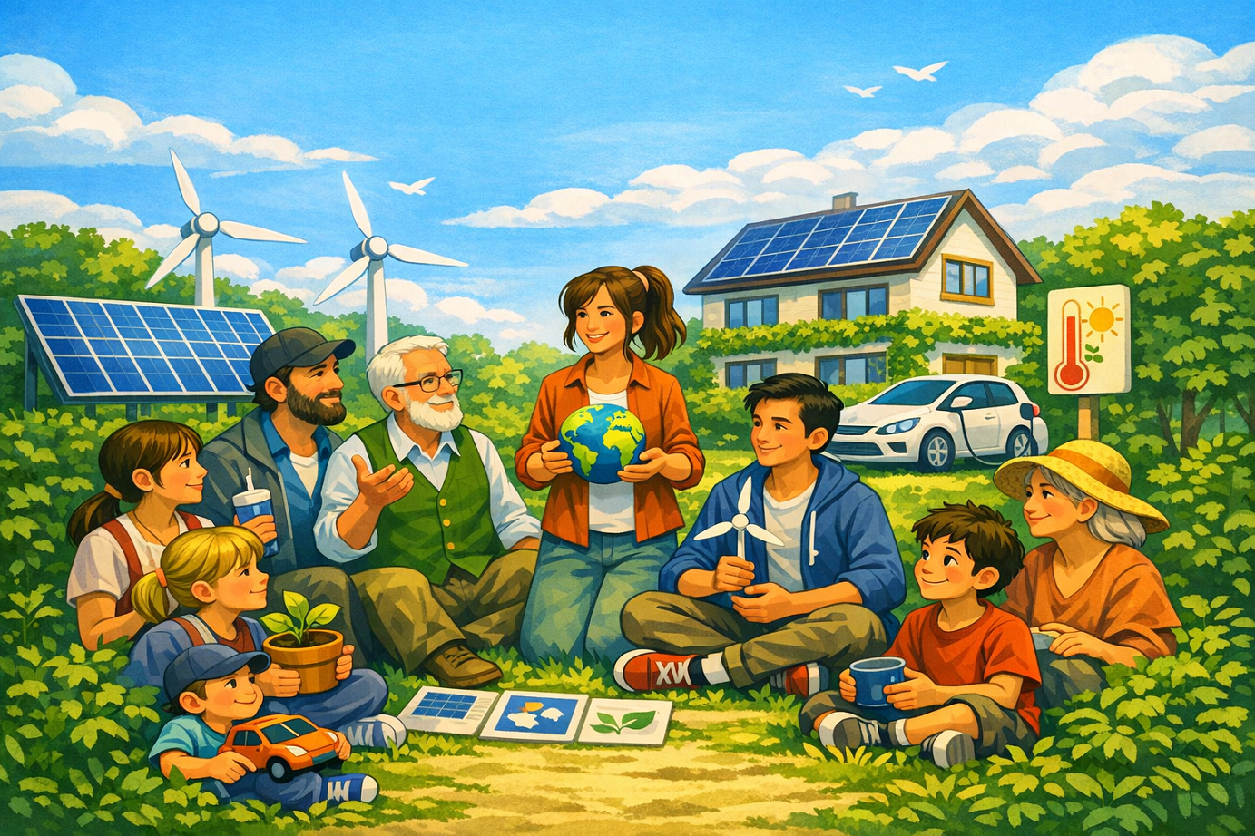 Gruppe sitzt im Grünen